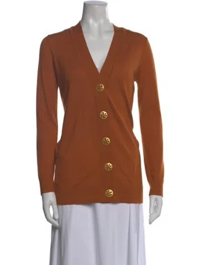 Pre-owned Tory Burch Merino Wool V-neck Sweater In Orange
