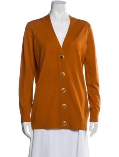 Pre-owned Tory Burch Merino Wool V-neck Sweater In Orange