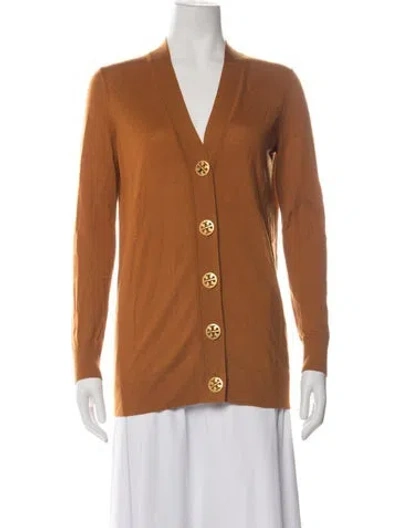 Pre-owned Tory Burch Merino Wool V-neck Sweater In Orange