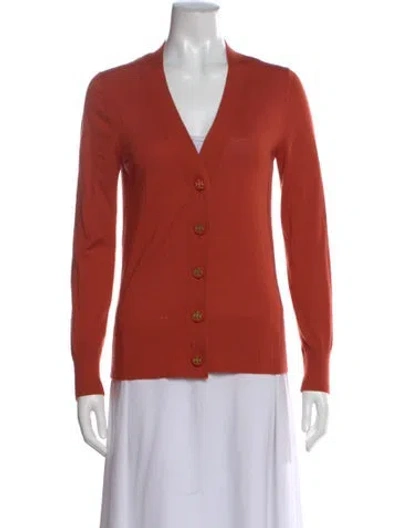 Pre-owned Tory Burch Merino Wool V-neck Sweater In Orange
