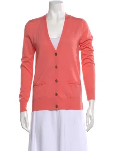 Pre-owned Tory Burch Merino Wool V-neck Sweater In Pink