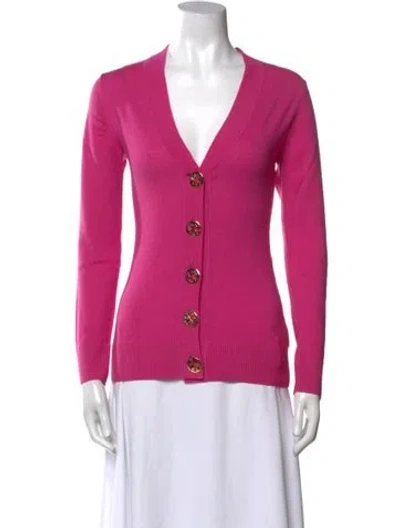 Pre-owned Tory Burch Merino Wool V-neck Sweater In Pink
