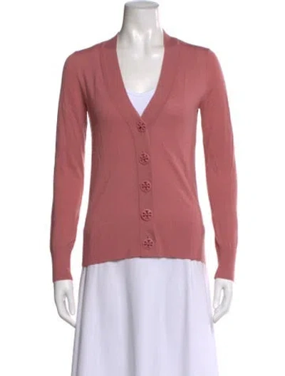 Pre-owned Tory Burch Merino Wool V-neck Sweater In Pink