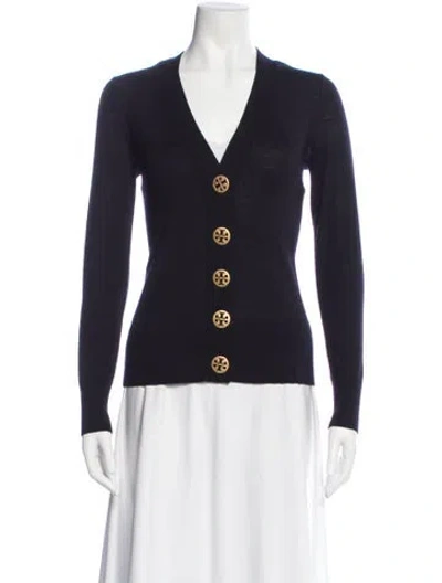 Pre-owned Tory Burch Merino Wool V-neck Sweater In Purple