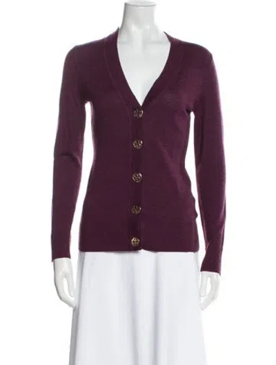 Pre-owned Tory Burch Merino Wool V-neck Sweater In Purple