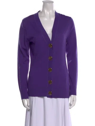 Pre-owned Tory Burch Merino Wool V-neck Sweater In Purple