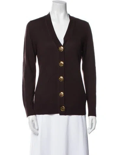 Pre-owned Tory Burch Merino Wool V-neck Sweater In Purple