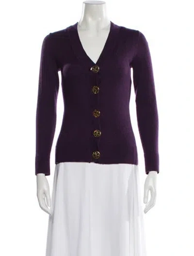 Pre-owned Tory Burch Merino Wool V-neck Sweater In Purple