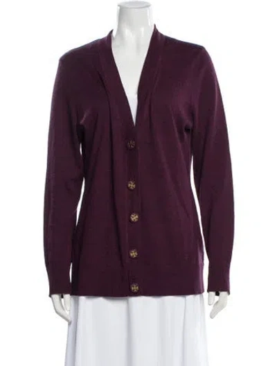Pre-owned Tory Burch Merino Wool V-neck Sweater In Purple