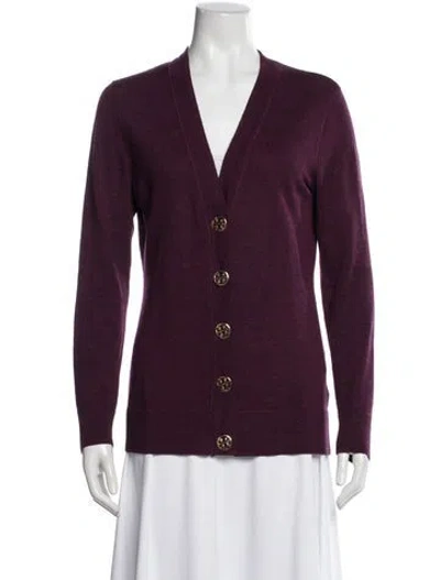 Pre-owned Tory Burch Merino Wool V-neck Sweater In Purple