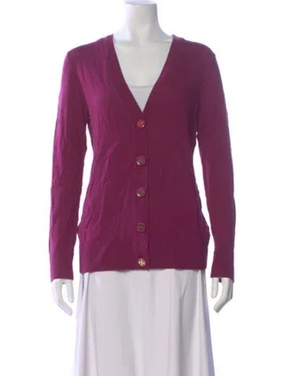 Pre-owned Tory Burch Merino Wool V-neck Sweater In Purple