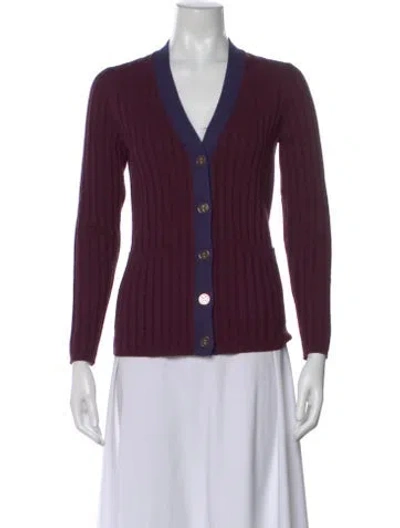 Pre-owned Tory Burch Merino Wool V-neck Sweater In Purple