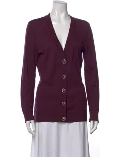 Pre-owned Tory Burch Merino Wool V-neck Sweater In Purple