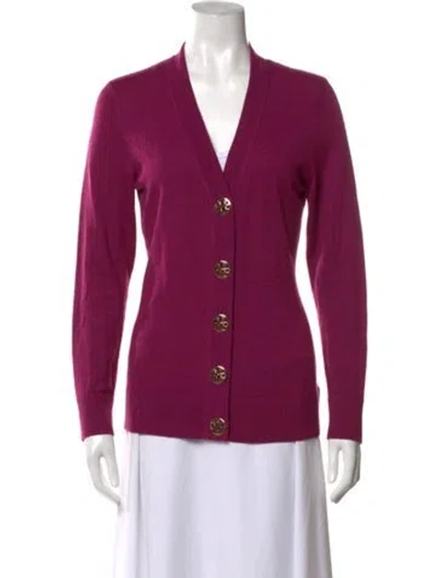 Pre-owned Tory Burch Merino Wool V-neck Sweater In Purple