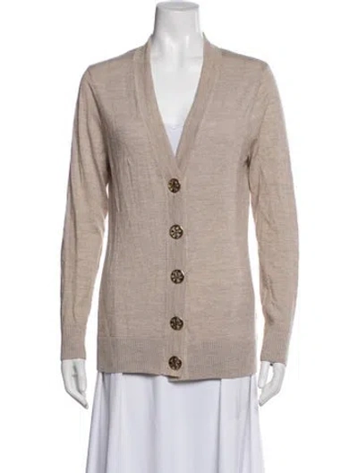 Pre-owned Tory Burch Merino Wool V-neck Sweater In Purple