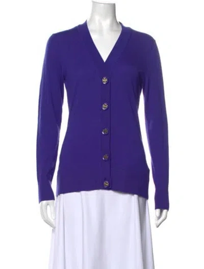 Pre-owned Tory Burch Merino Wool V-neck Sweater In Purple