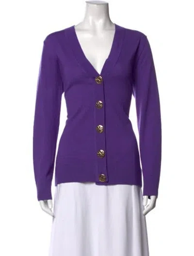 Pre-owned Tory Burch Merino Wool V-neck Sweater In Purple
