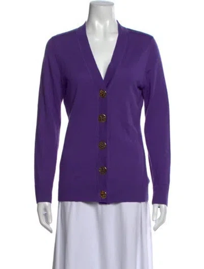 Pre-owned Tory Burch Merino Wool V-neck Sweater In Purple