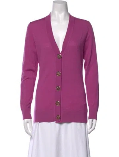 Pre-owned Tory Burch Merino Wool V-neck Sweater In Purple