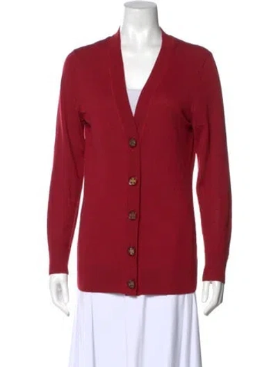 Pre-owned Tory Burch Merino Wool V-neck Sweater In Red