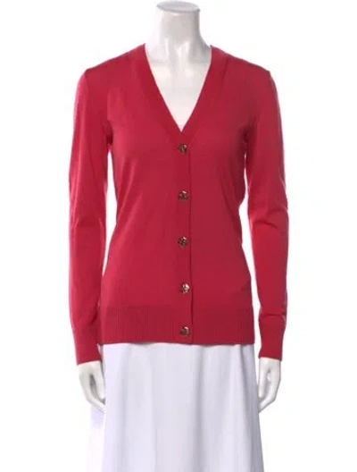 Pre-owned Tory Burch Merino Wool V-neck Sweater In Red