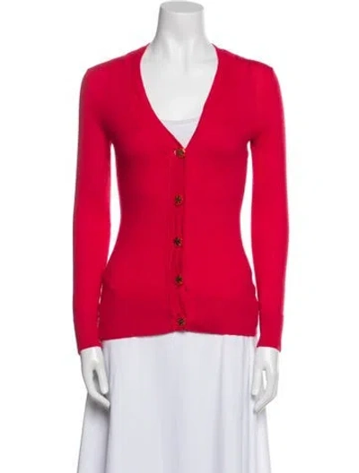 Pre-owned Tory Burch Merino Wool V-neck Sweater In Red