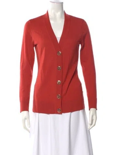 Pre-owned Tory Burch Merino Wool V-neck Sweater In Red