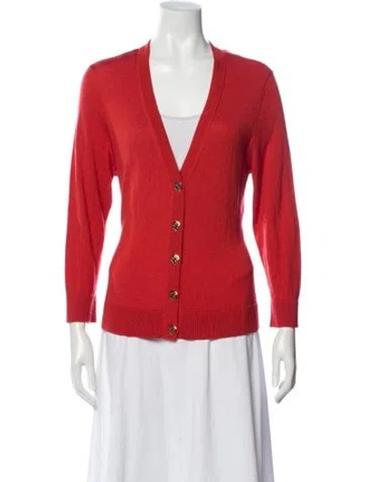 Pre-owned Tory Burch Merino Wool V-neck Sweater In Red