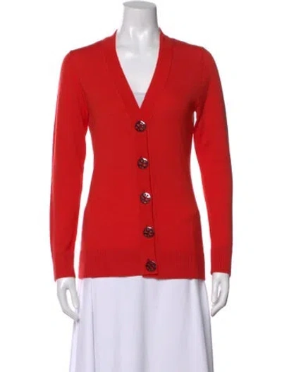 Pre-owned Tory Burch Merino Wool V-neck Sweater In Red