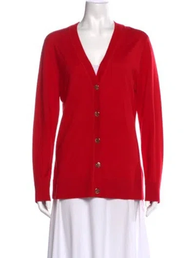 Pre-owned Tory Burch Merino Wool V-neck Sweater In Red