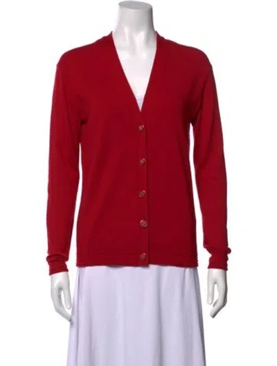 Pre-owned Tory Burch Merino Wool V-neck Sweater In Red