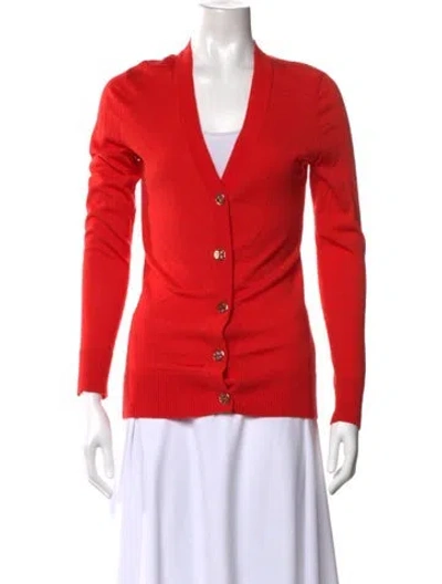 Pre-owned Tory Burch Merino Wool V-neck Sweater In Red