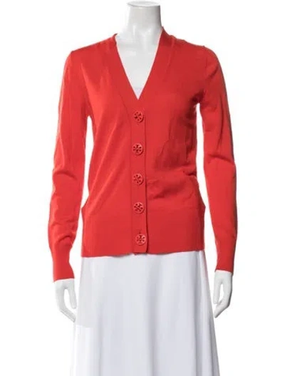 Pre-owned Tory Burch Merino Wool V-neck Sweater In Red