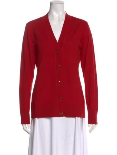 Pre-owned Tory Burch Merino Wool V-neck Sweater In Red