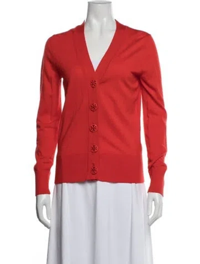 Pre-owned Tory Burch Merino Wool V-neck Sweater In Red