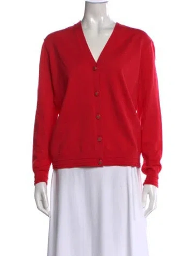 Pre-owned Tory Burch Merino Wool V-neck Sweater In Red