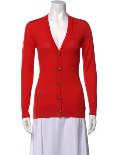 Pre-owned Tory Burch Merino Wool V-neck Sweater In Red