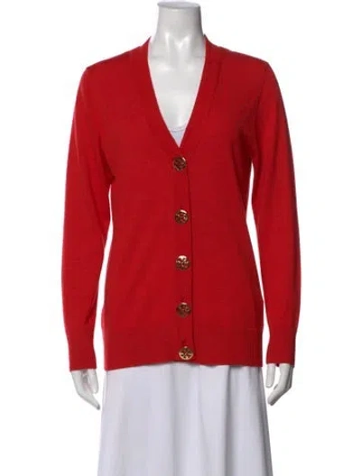 Pre-owned Tory Burch Merino Wool V-neck Sweater In Red