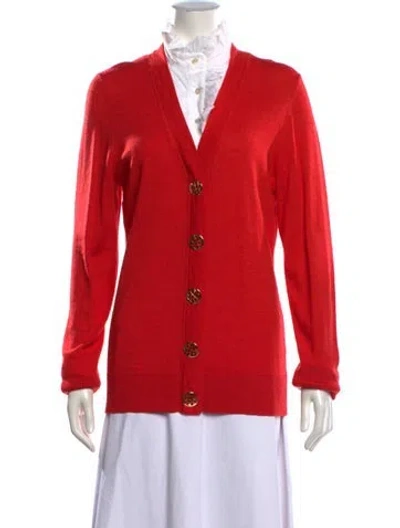 Pre-owned Tory Burch Merino Wool V-neck Sweater In Red