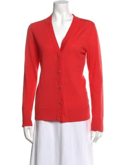 Pre-owned Tory Burch Merino Wool V-neck Sweater In Red