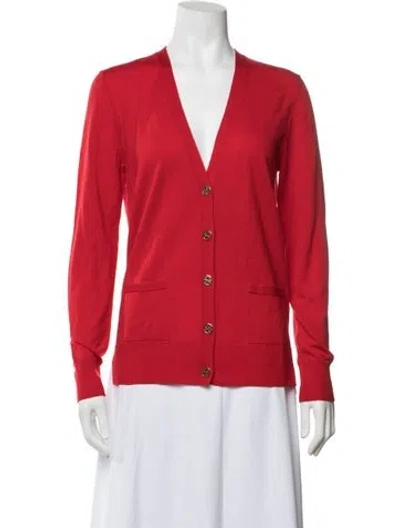 Pre-owned Tory Burch Merino Wool V-neck Sweater In Red