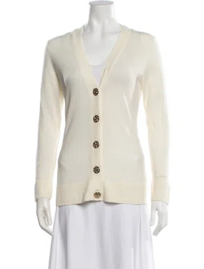 Pre-owned Tory Burch Merino Wool V-neck Sweater In White