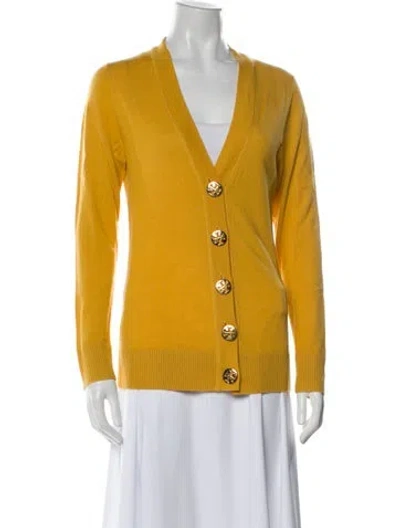 Pre-owned Tory Burch Merino Wool V-neck Sweater In Yellow
