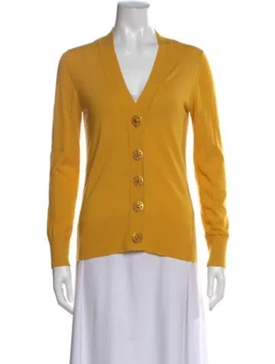 Pre-owned Tory Burch Merino Wool V-neck Sweater In Yellow