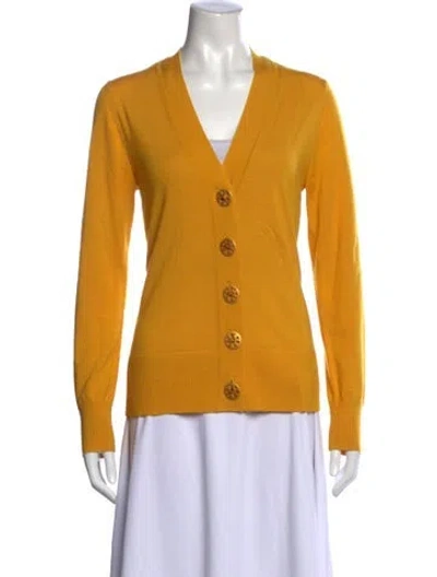 Pre-owned Tory Burch Merino Wool V-neck Sweater In Yellow