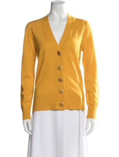 Pre-owned Tory Burch Merino Wool V-neck Sweater In Yellow