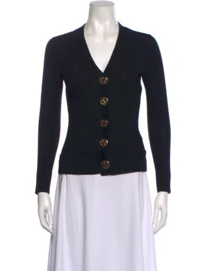 Pre-owned Tory Burch Merino Wool V-neck Top In Black