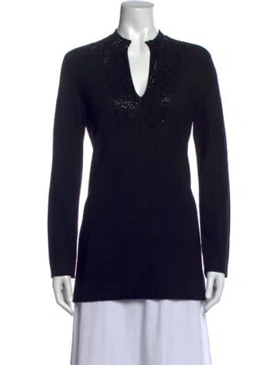 Pre-owned Tory Burch Merino Wool V-neck Tunic In Black