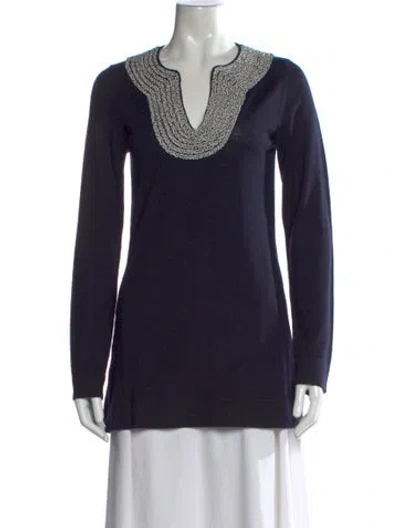 Pre-owned Tory Burch Merino Wool V-neck Tunic In Blue