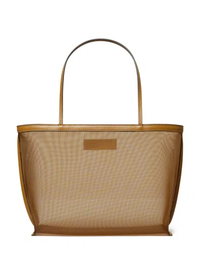 Tory Burch Mesh Logo-appliqué Tote Bag In Brown